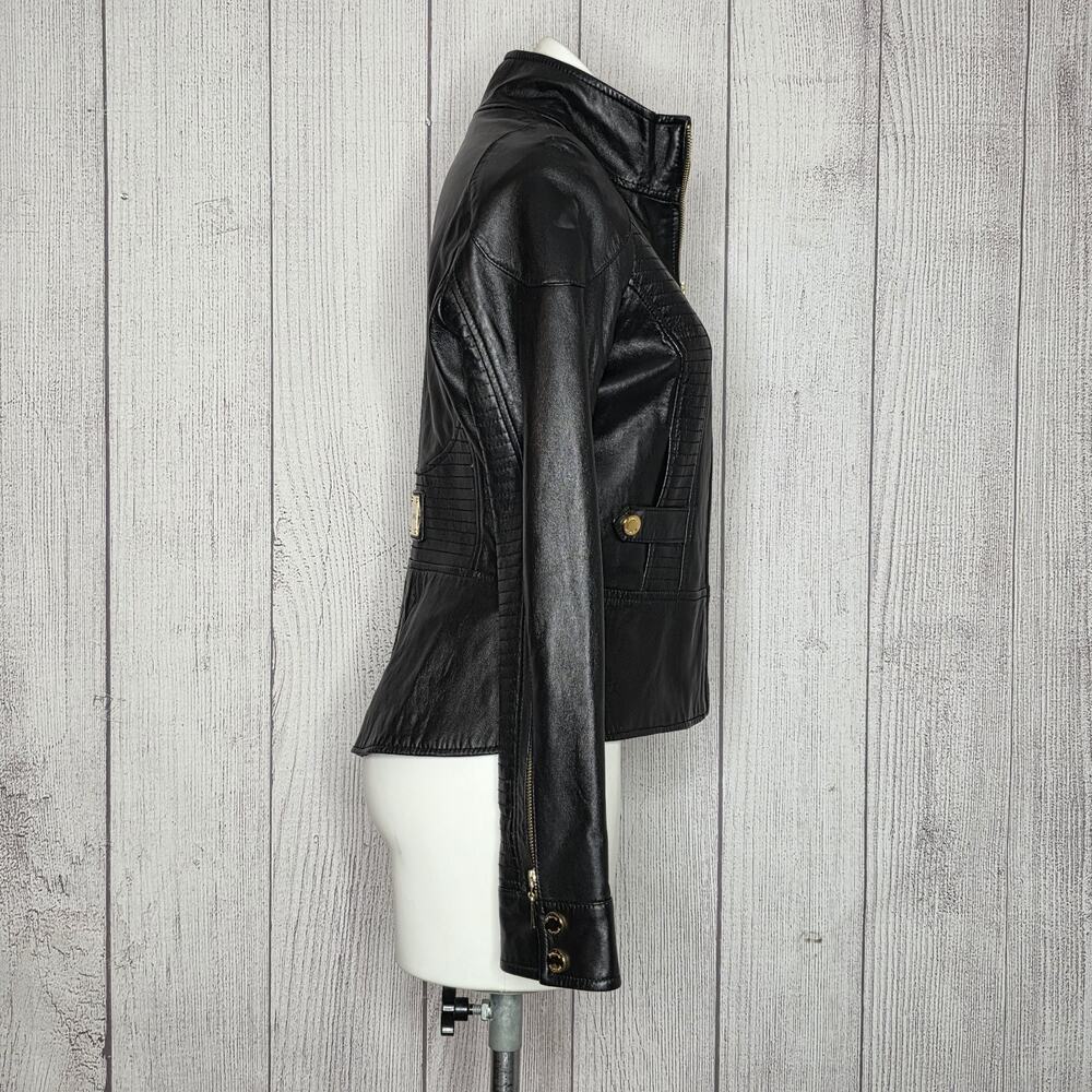 Marciano Black Leather Moto Jacket Gold Hardware Leopard Lining, sz Large - Picture 4 of 9